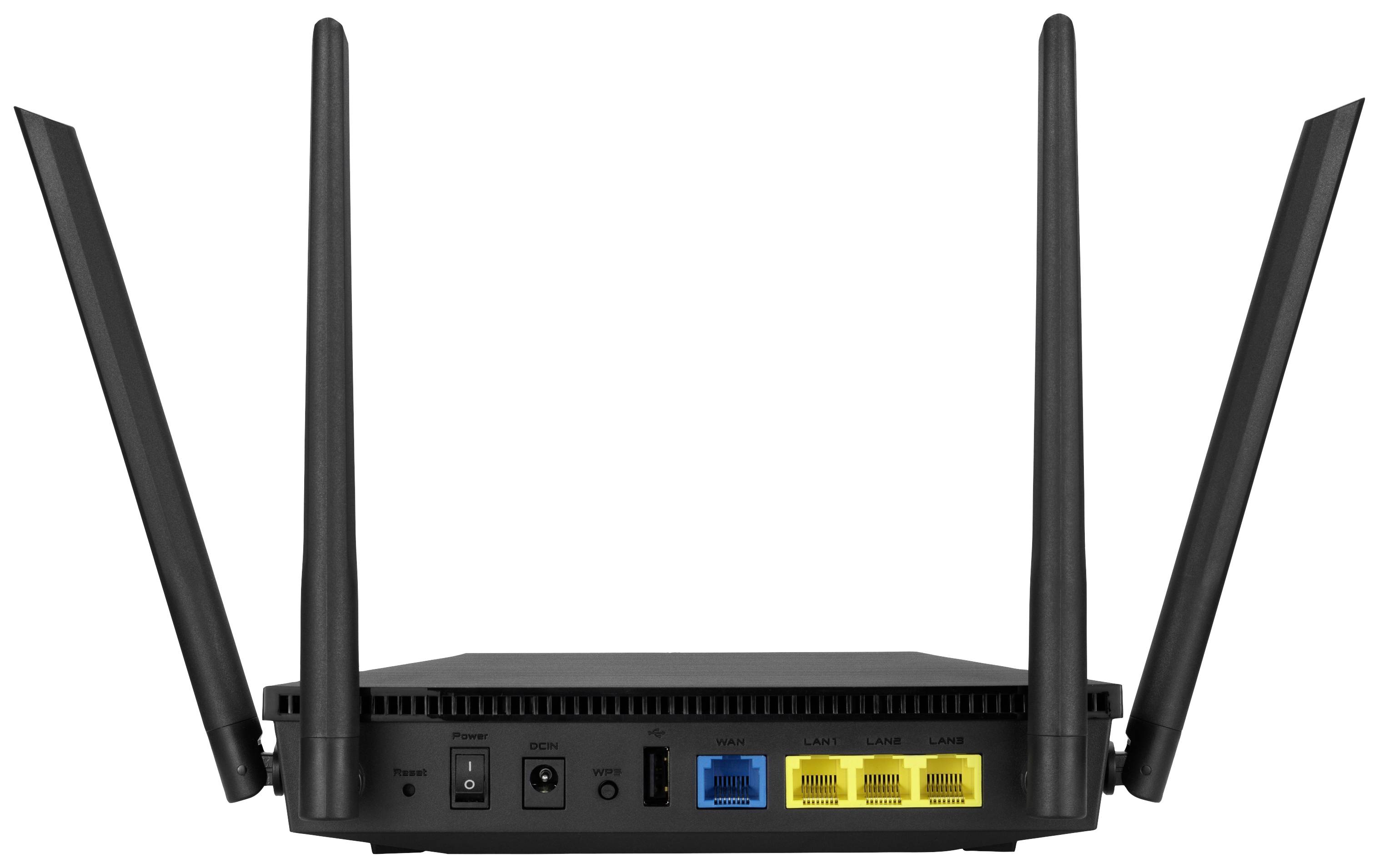 En svart WLAN-router med fyra antenner, två gula LAN-portar, en blå WAN-port och en strömkontakt på baksidan.