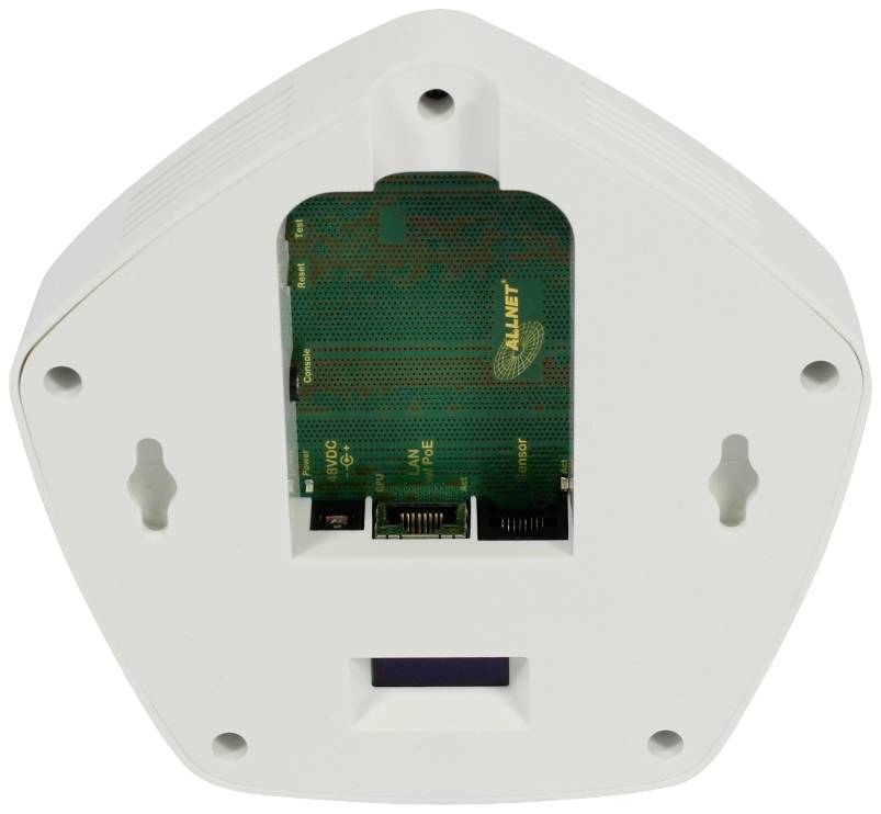 Ett vitt, triangelformat hölje med elektroniska komponenter och skruvhål, lämpligt för väggmontering av nätverkshårdvara.