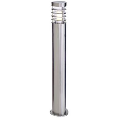 En hög, silver trädgårdslampa med ett cylindriskt, vertikalt design och ett förskjutet ljusgaller överst.