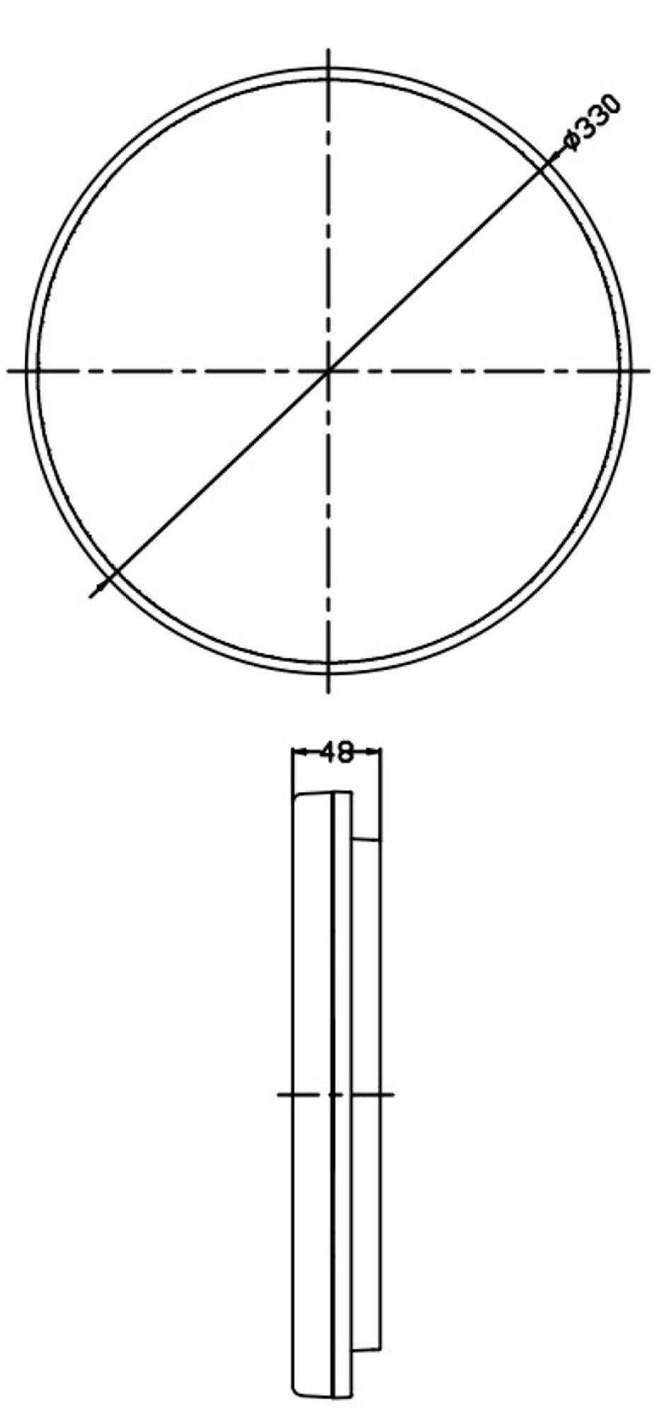 Teknisk ritning av en cirkel med en diameter på 330 och en sidosektionsvy som visar en djup på 48.