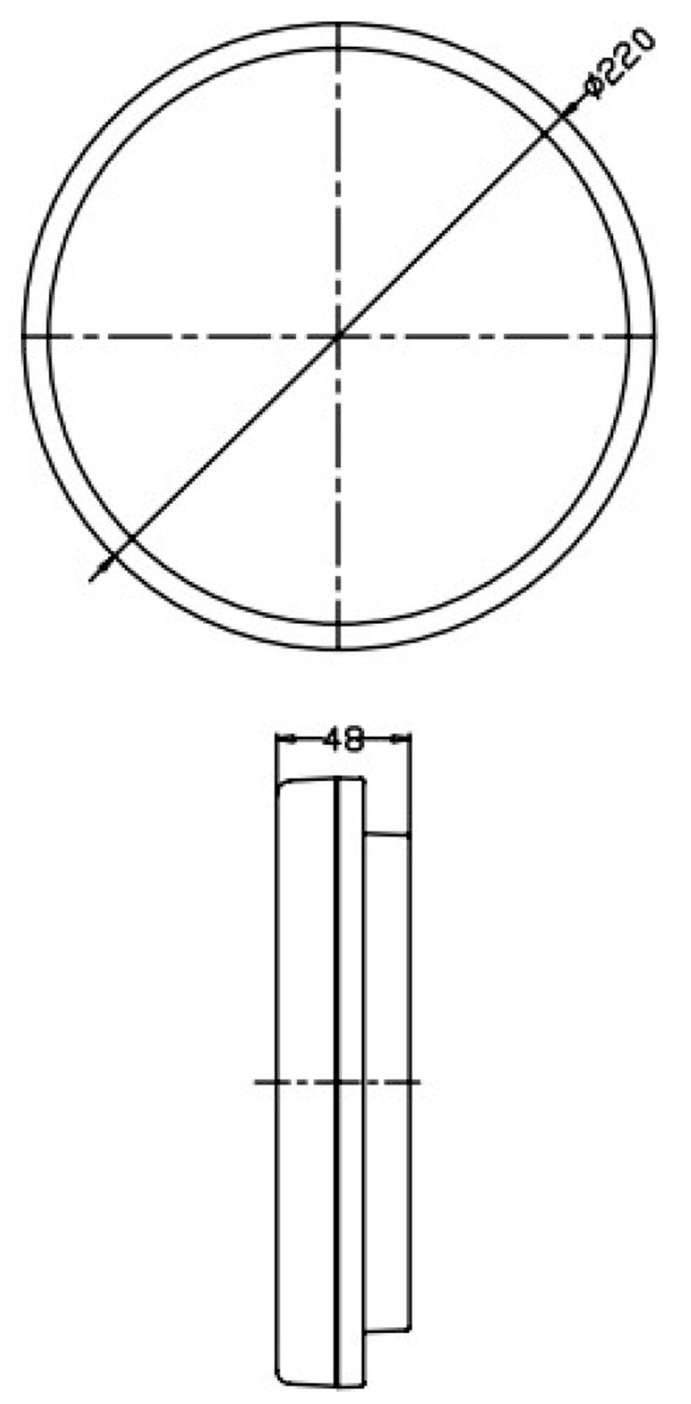 Teknisk ritning av ett cirkelformat objekt med en diameter på 220 mm och ett djup på 48 mm, sido- och ovanifrånvy.