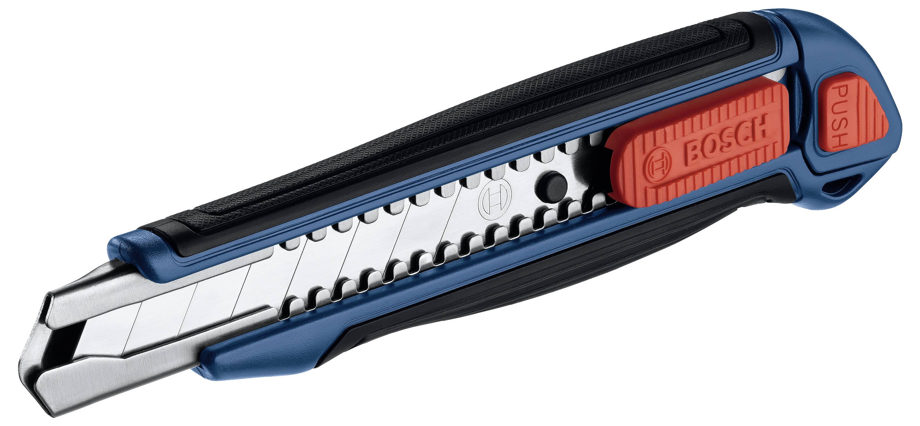 En blå universalkniv med svart handtag och röd skjutmekanism, perfekt för att skära olika material.