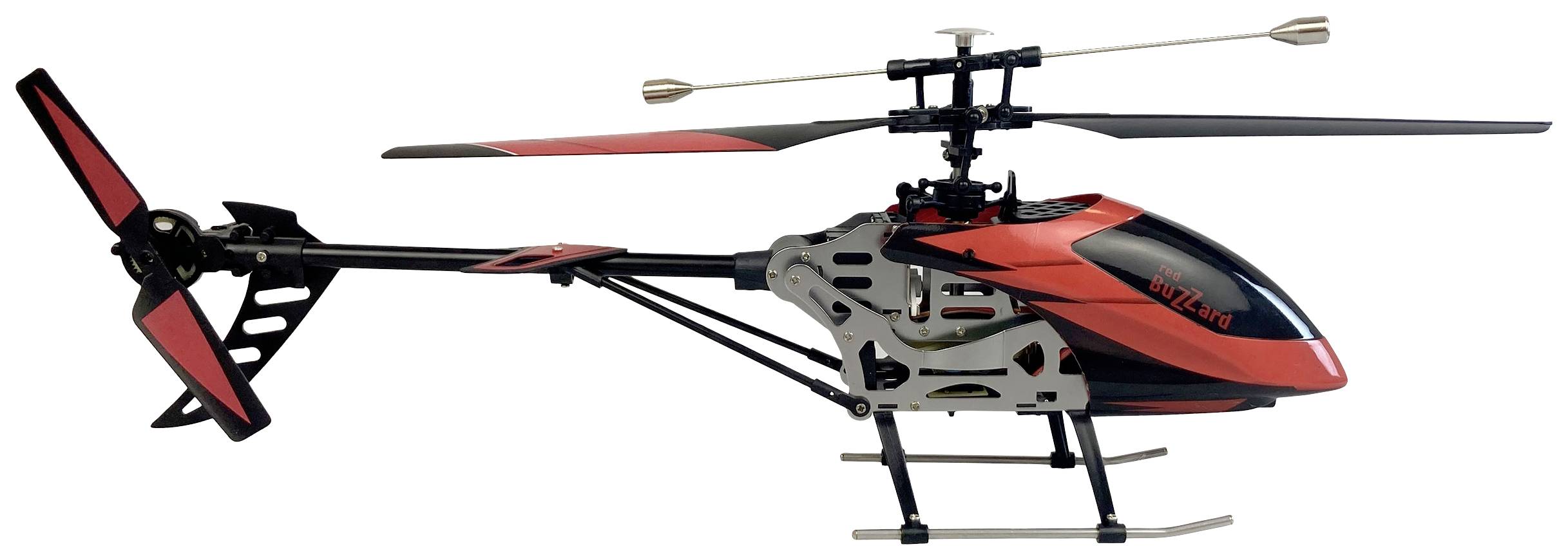 En fjärrstyrd helikopter med rött och svart designmönster, visad från sidan. Detaljer av rotorblad och landningsställ är synliga.
