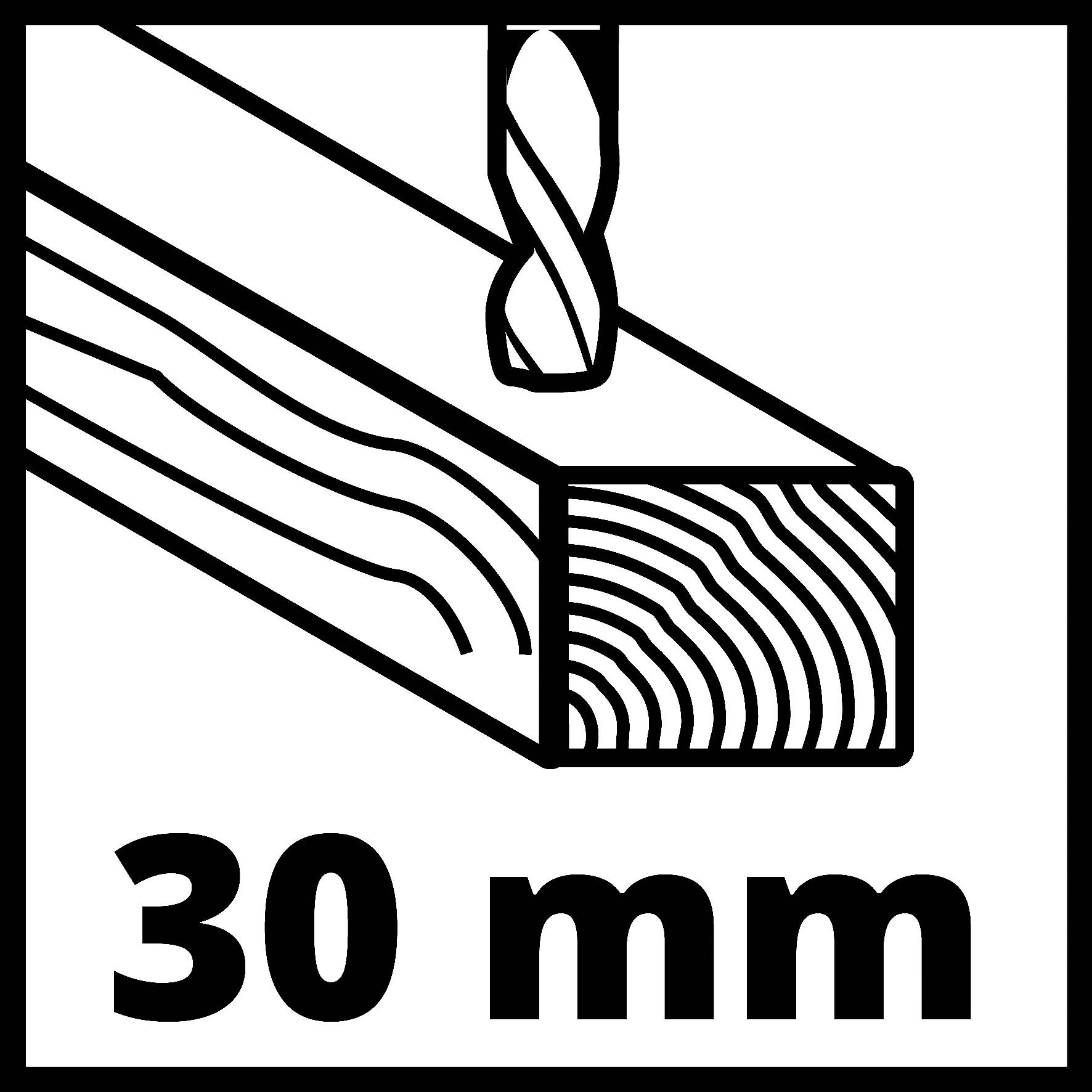En borr borrar genom ett träbräde. Brädet har en bredd på 30 mm.