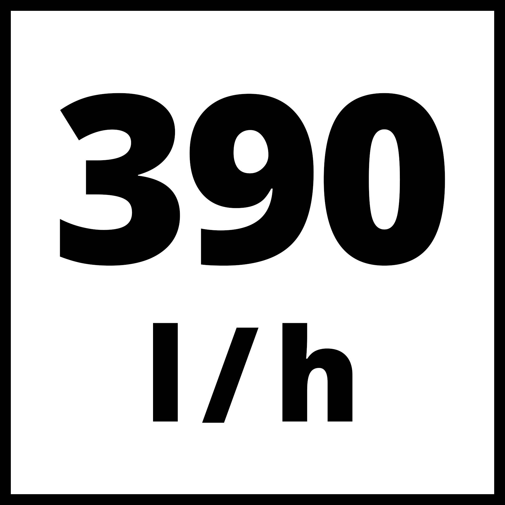 "390 l/h" i svart text på vit bakgrund.