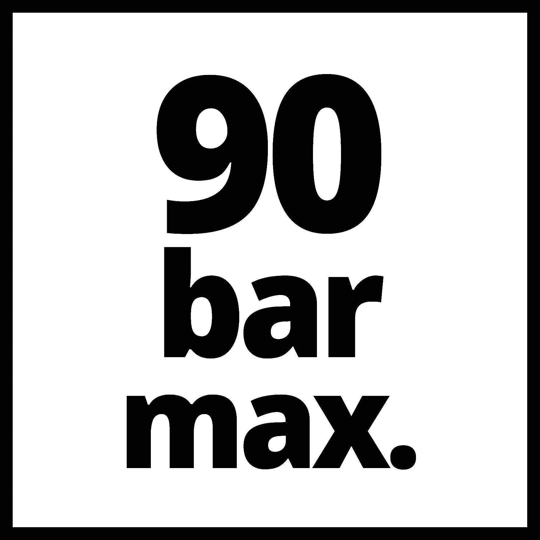 '90 bar max.' i svart text på vit bakgrund.