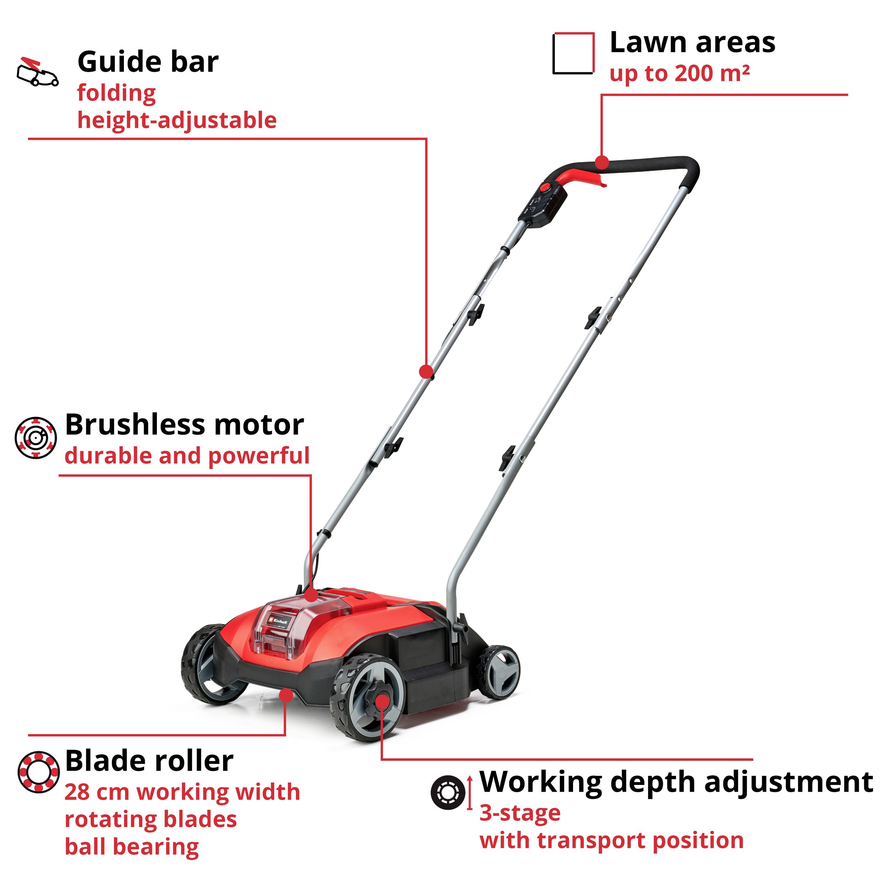 En röd gräsklippare med vikbar styrstång, borstlös motor, 28 cm knivvals och 3-stegs arbetsdjupsinställning, lämplig för ytor upp till 200 m².