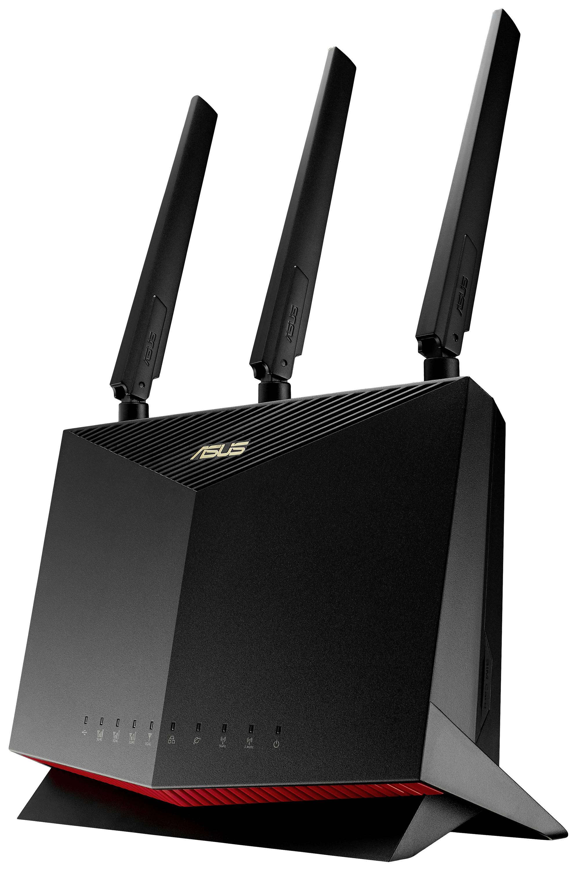Svart WLAN-router med tre vertikala antennes och företagslogotyp på framsidan, visar modern trådlös nätverksteknik.