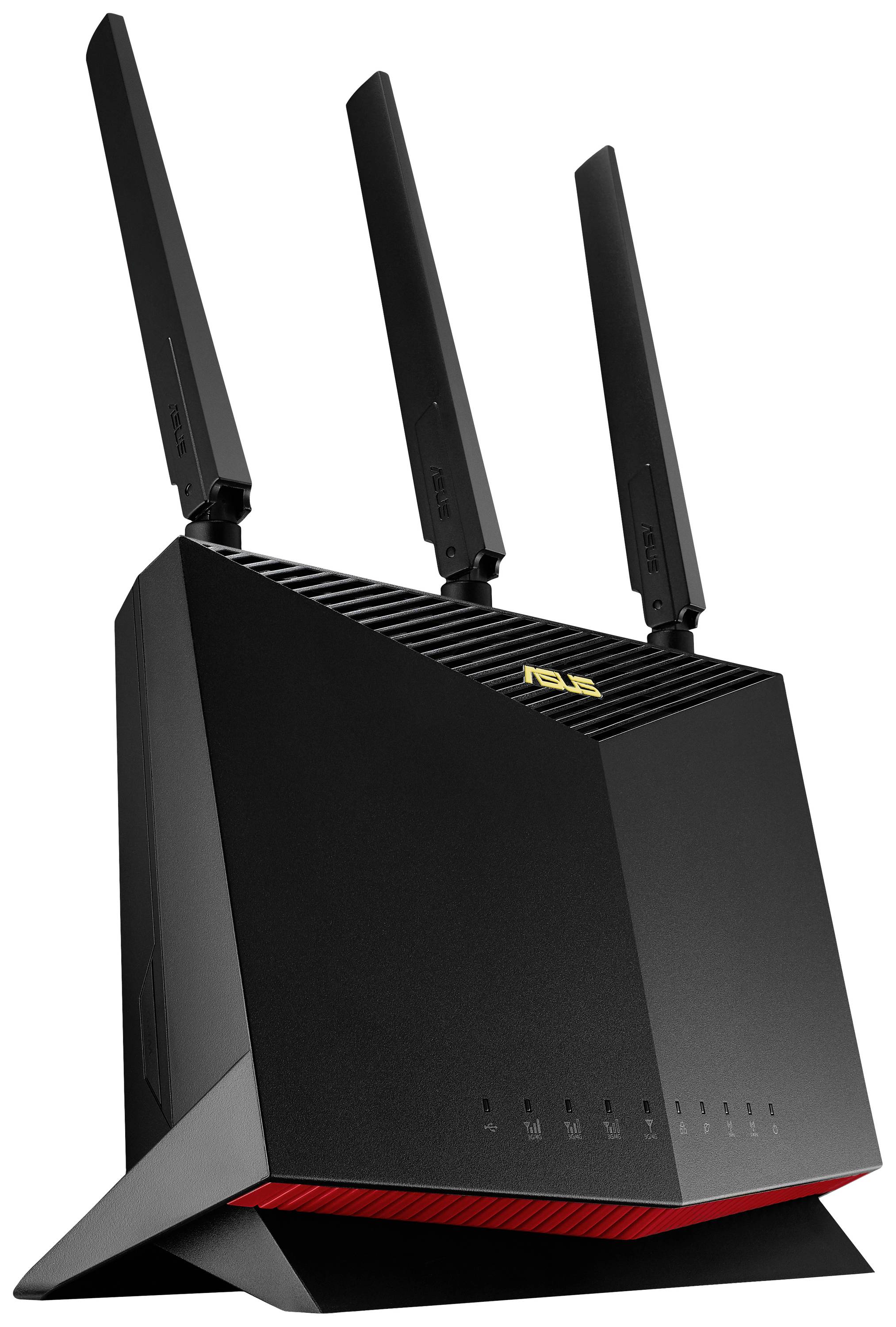 En svart WLAN-router med tre antenner står upprätt. Den har röda accenter och är konstruerad för höga nätverkshastigheter.