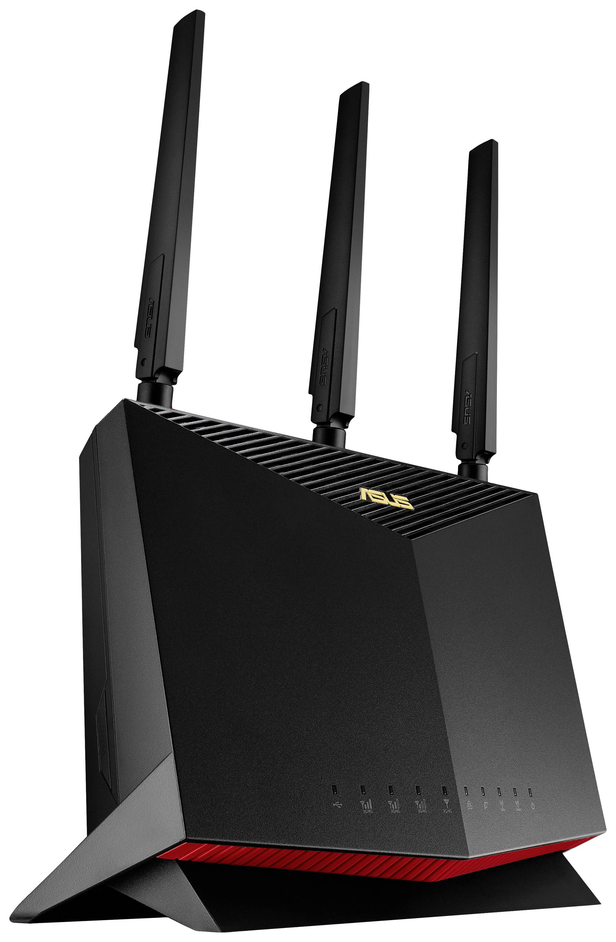 Svart WLAN-router med tre antenner, stående på ett lutande stativ. Märke i mitten, röda accenter nedtill.