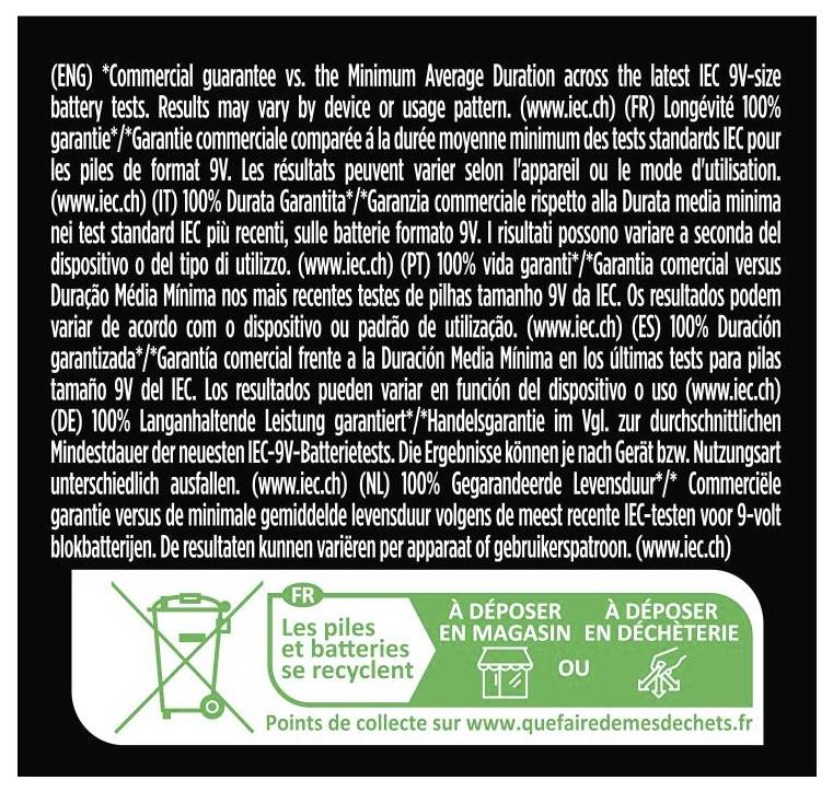 Kommersiell garanti jämfört med Minsta genomsnittlig varaktighet för IEC 9V-storleksbatteritester. Resultaten varierar beroende på enhet eller användningsmönster.