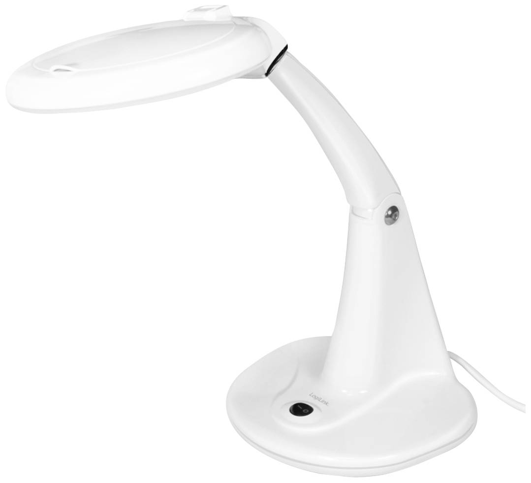 Vit skrivbordslampa med böjd arm och oval lampskärm, stående på en stadig bas, med kabel baktill.