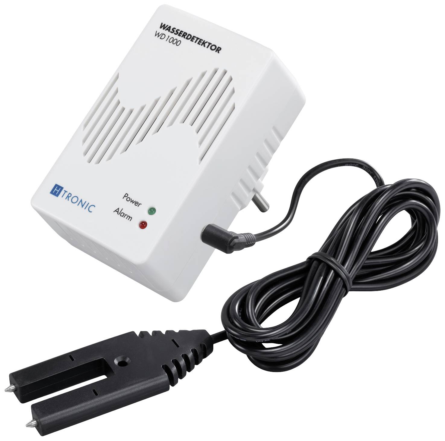 En vit vattenläckagedetektor med indikatorerna 'Power' och 'Alarm', bredvid en svart sensor med kabel för att identifiera vattenläckage.