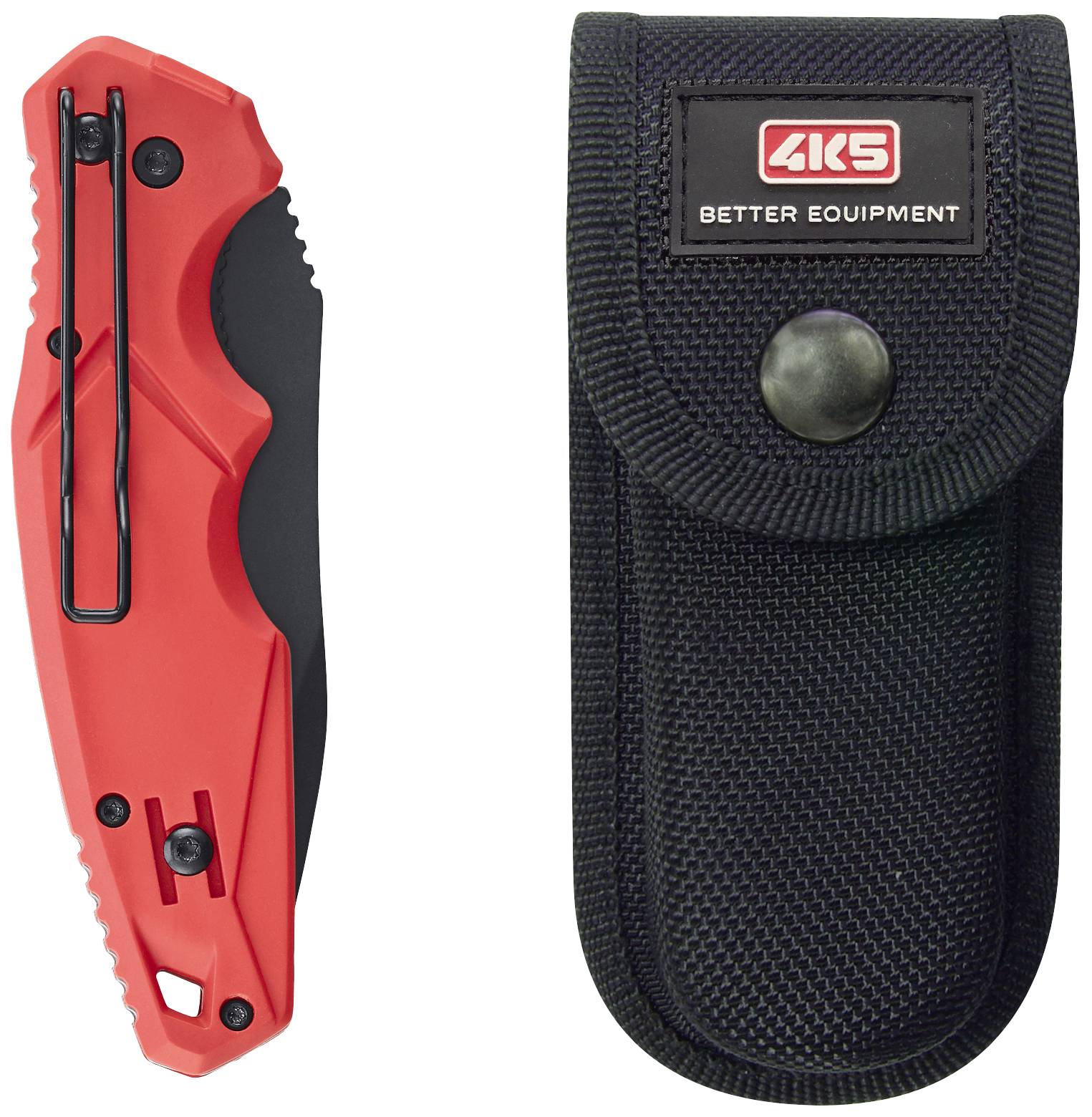 En röd fällkniv bredvid ett svart skyddsfodral med logotypen '4KS Better Equipment'.