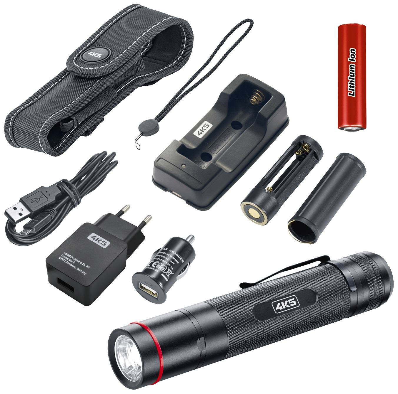 Ficklampsset bestående av en svart ficklampa, laddningsbart batteri, laddare, fodral, billaddare och USB-kabel.