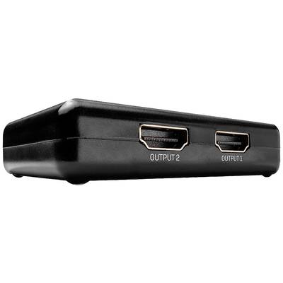 Svart HDMI-splitter med två utgångar, märkta som 'OUTPUT 1' och 'OUTPUT 2'. Enheten används för att fördela en HDMI-signal.