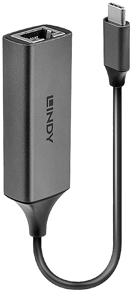 En USB-C till RJ45-adapter med svart kabel och metallgrått hölje, lämplig för nätverksanslutningar på enheter med USB-C-port.