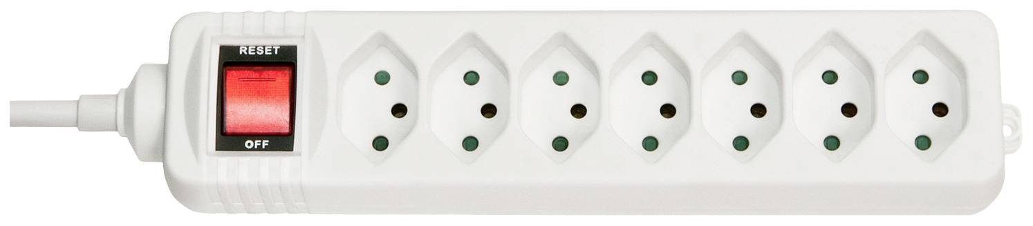 Vit grenuttag med sex uttag och röd på/av-knapp på vänster sida.