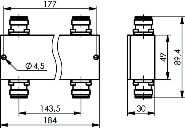 Teknisk ritning av en komponent med mått i millimeter: Bredd 184, höjd 89,4, djup 30. Skruvhål diameter 4,5 mm.