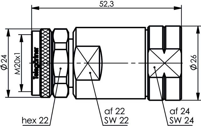Teknisk ritning av en cylindrisk anslutning med dimensioner: längd 52,3 mm, diameter 24 mm; gänga M20x1; nyckelvidd SW 22 och SW 24.