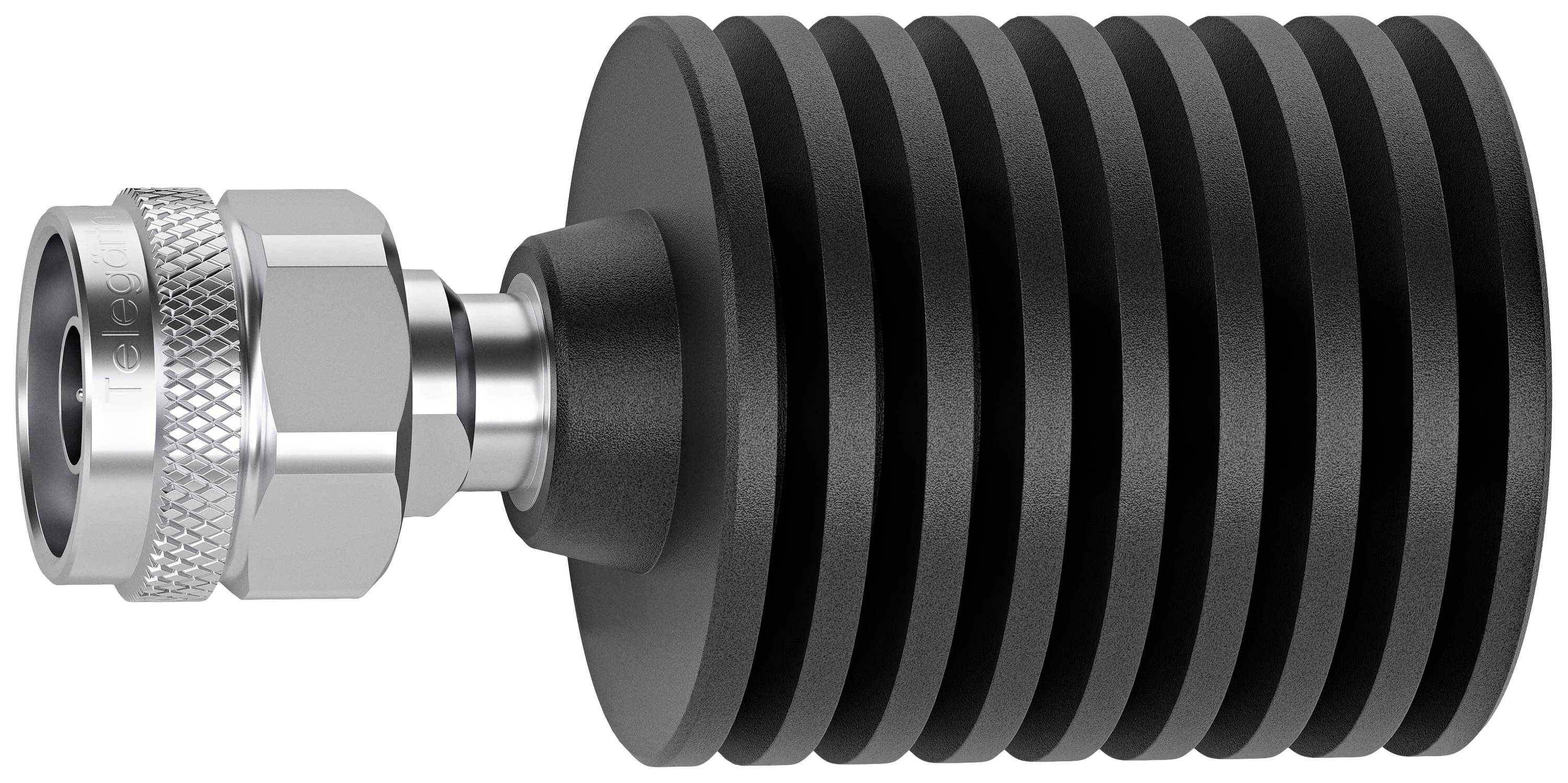 En svart, räfflad kylare med silvrig, räfflad anslutning. Designen är cylindrisk och tjänar till att leda bort värme.