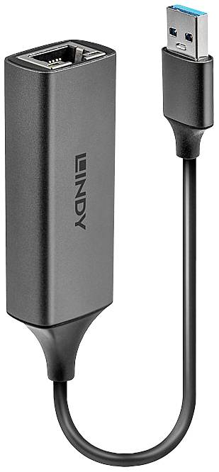 En svart USB 3.0-till-Ethernet-adapter från Lindy som förbinder en Ethernet-port med en USB-kontakt.