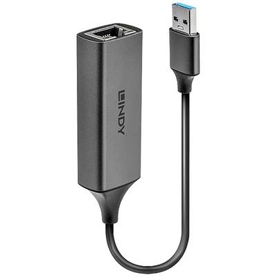 En svart USB 3.0-till-Ethernet-adapter från Lindy som förbinder en Ethernet-port med en USB-kontakt.