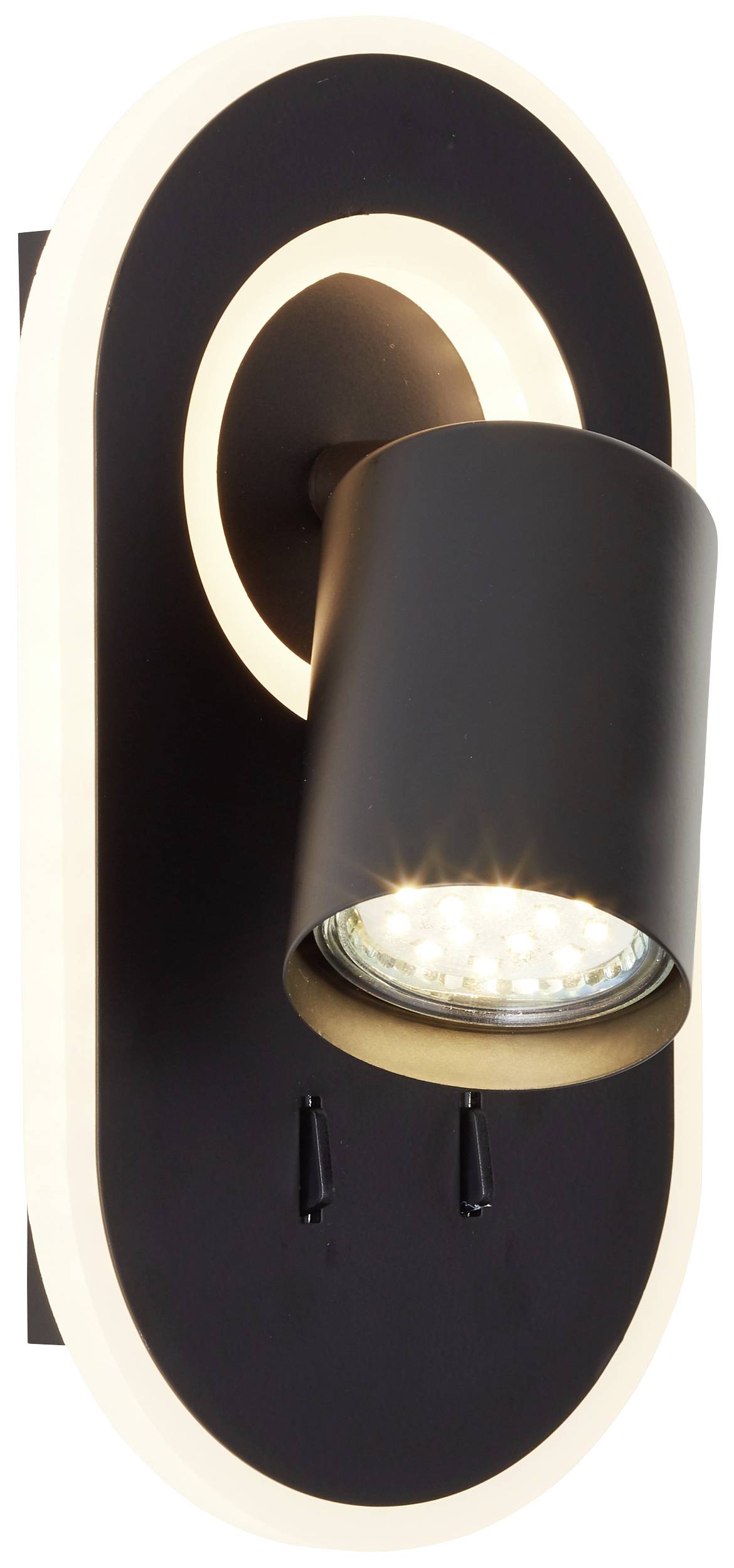 Svart oval vägglampa med integrerad LED-spot, som lyser i varmt vitt.