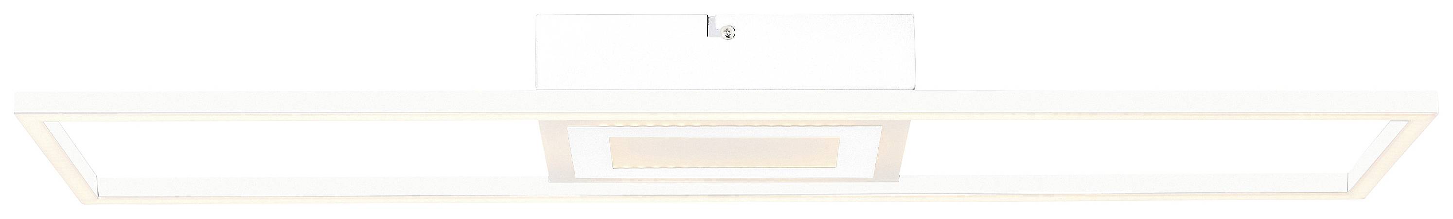 En rektangulär, minimalistisk taklampa i vitt med moderna LED-slingor längs kanterna som ger ett klart ljus.