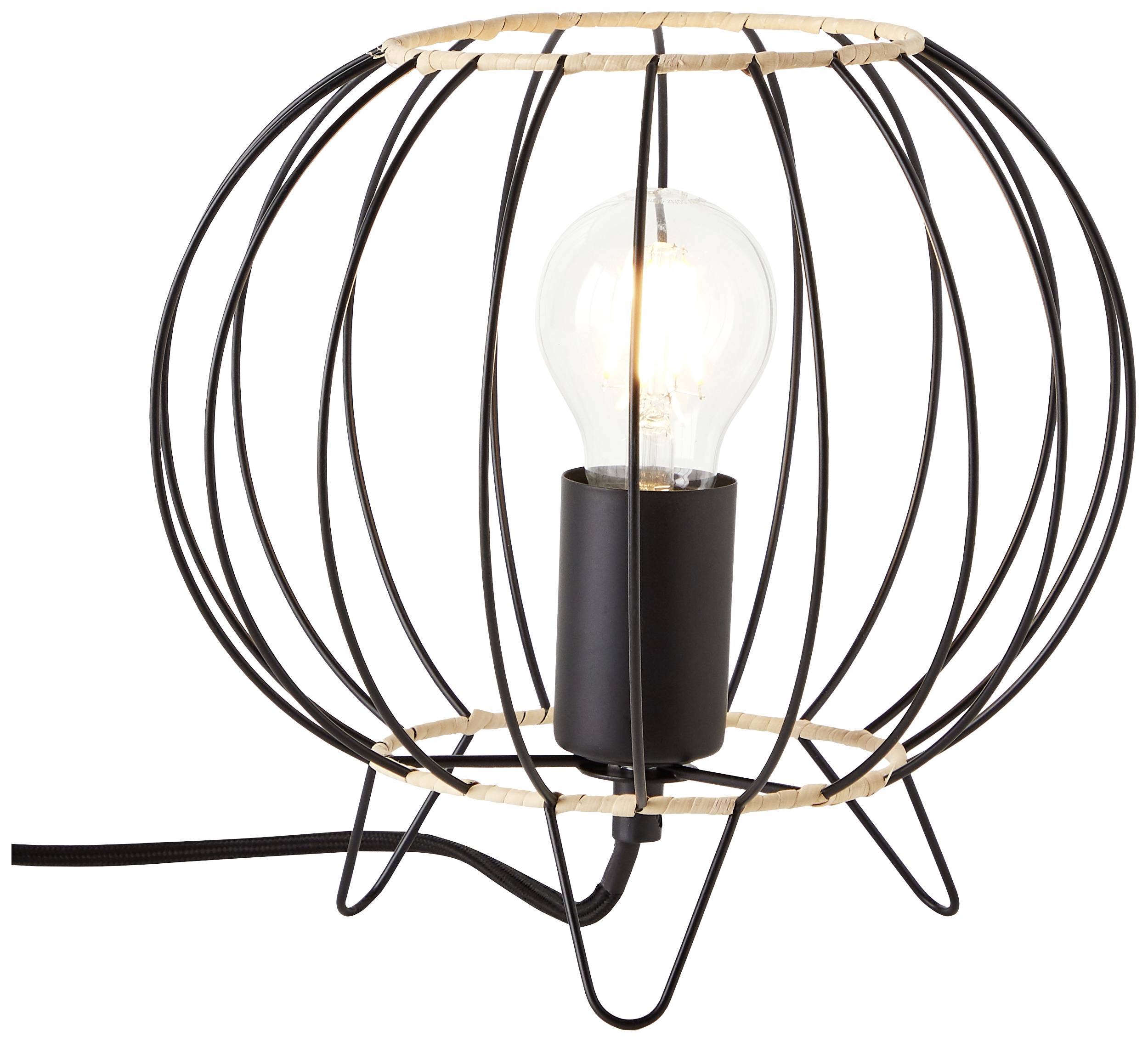 En rund bordslampa med svart trådram och synlig glödlampa. Den är modernt designad och ansluten.