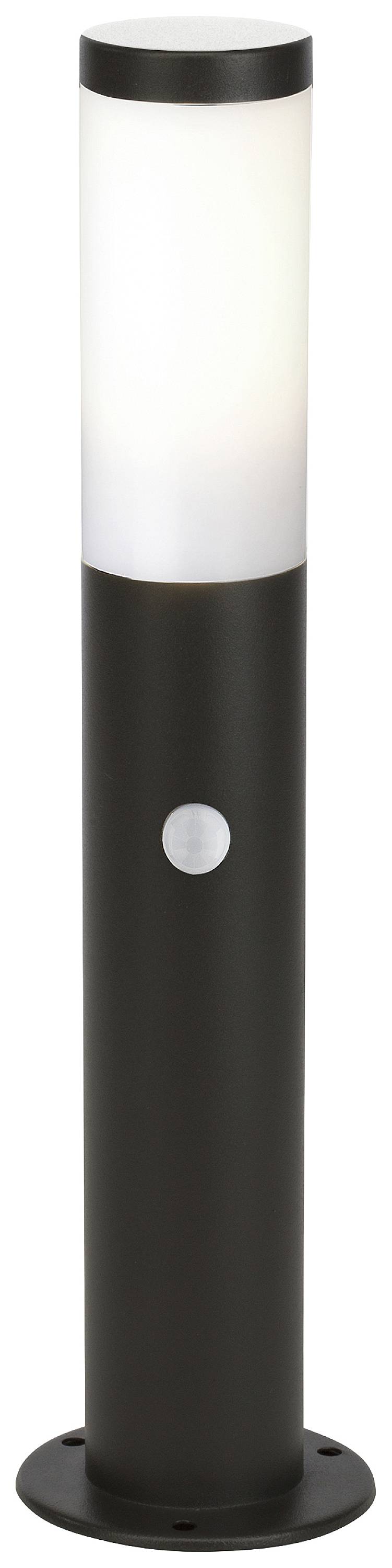 Svart, cylindrisk ytterbelysningsstolpe med vit armatur och integrerad rörelsesensor.