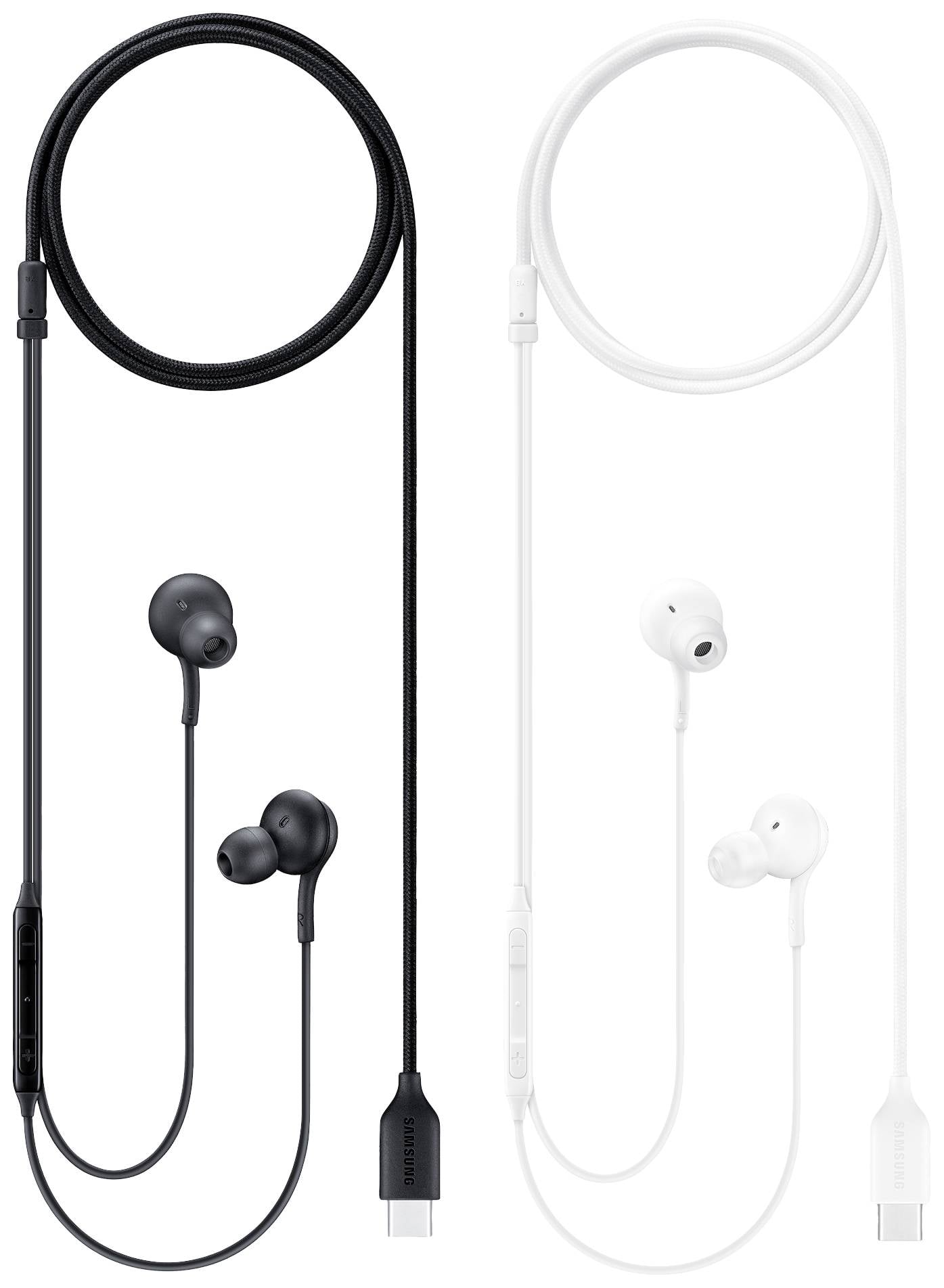 Två par trådade in-ear-hörlurar, ett par svarta och ett par vita, med USB-C-anslutning, placerade bredvid varandra.