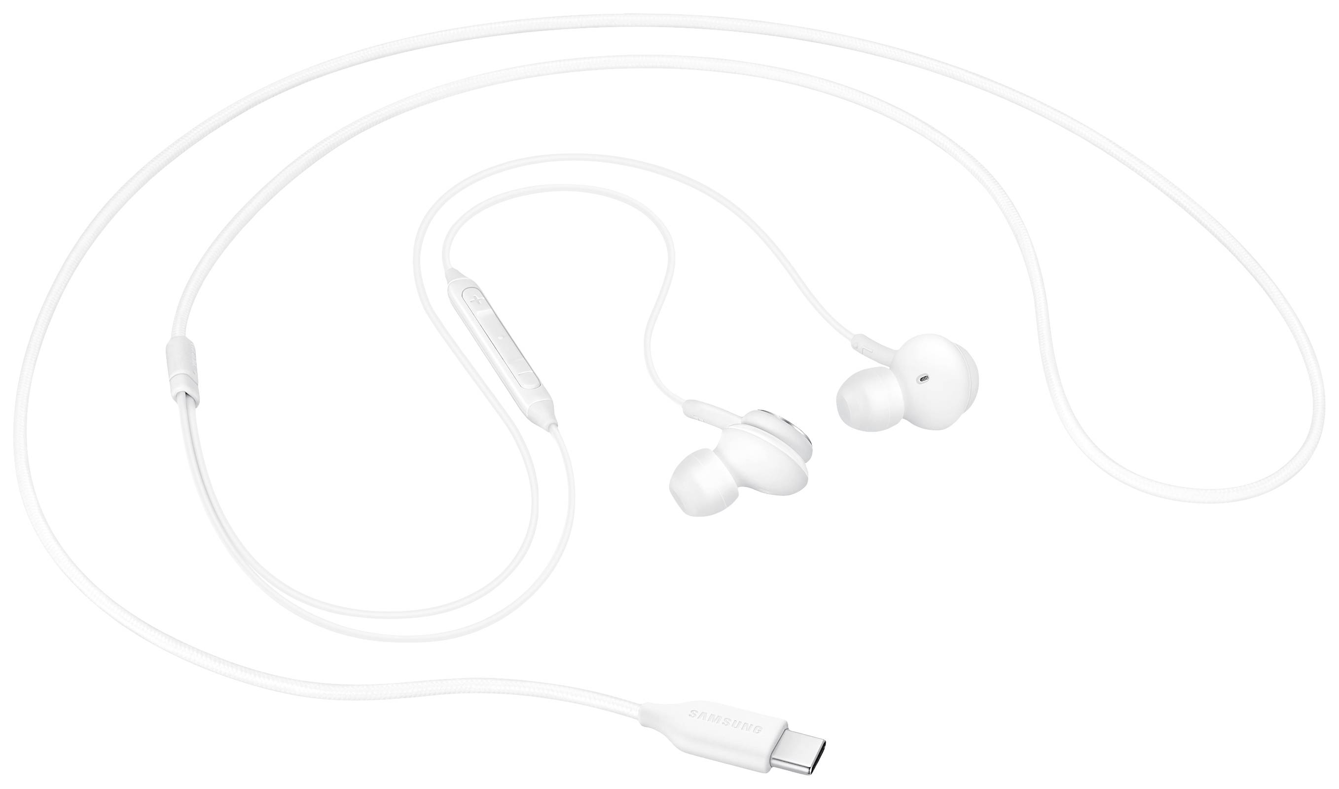 Vita trådbundna in-ear-hörlurar med USB-C-anslutning och inbyggd mikrofon i fjärrkontrollen.