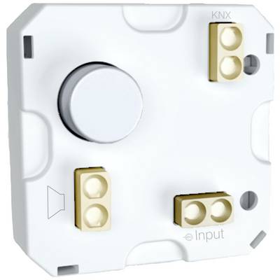 En vit sensorknapp med tre guldfärgade anslutningskontakter. Märkt med 'Input' och 'KNX' för integration i ett smart hemmasystem.