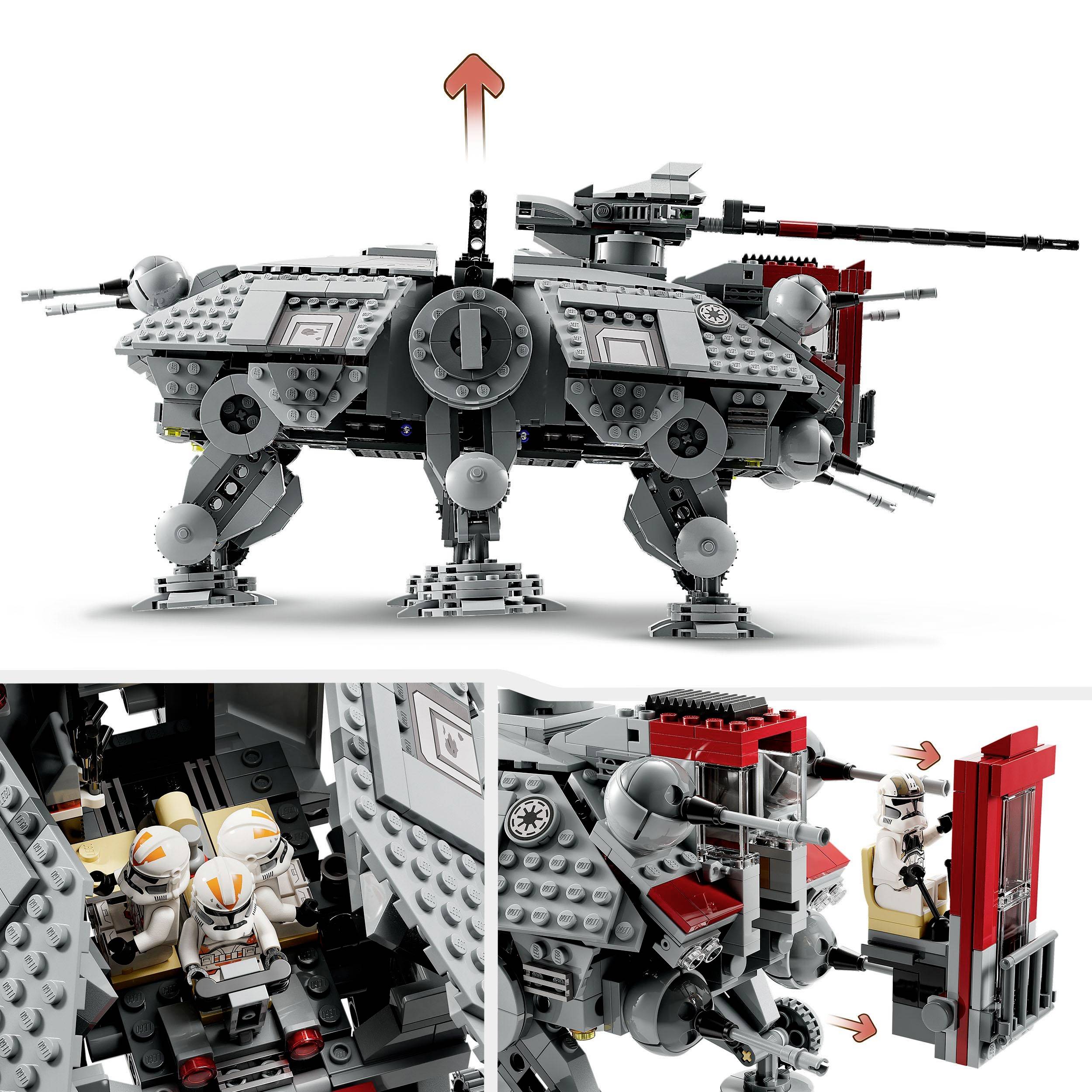 En grå leksaksmodell av en futuristisk stridsvagn med roterande kanoner, öppna luckor och röda accentfärger. Figurer föreställande soldater.