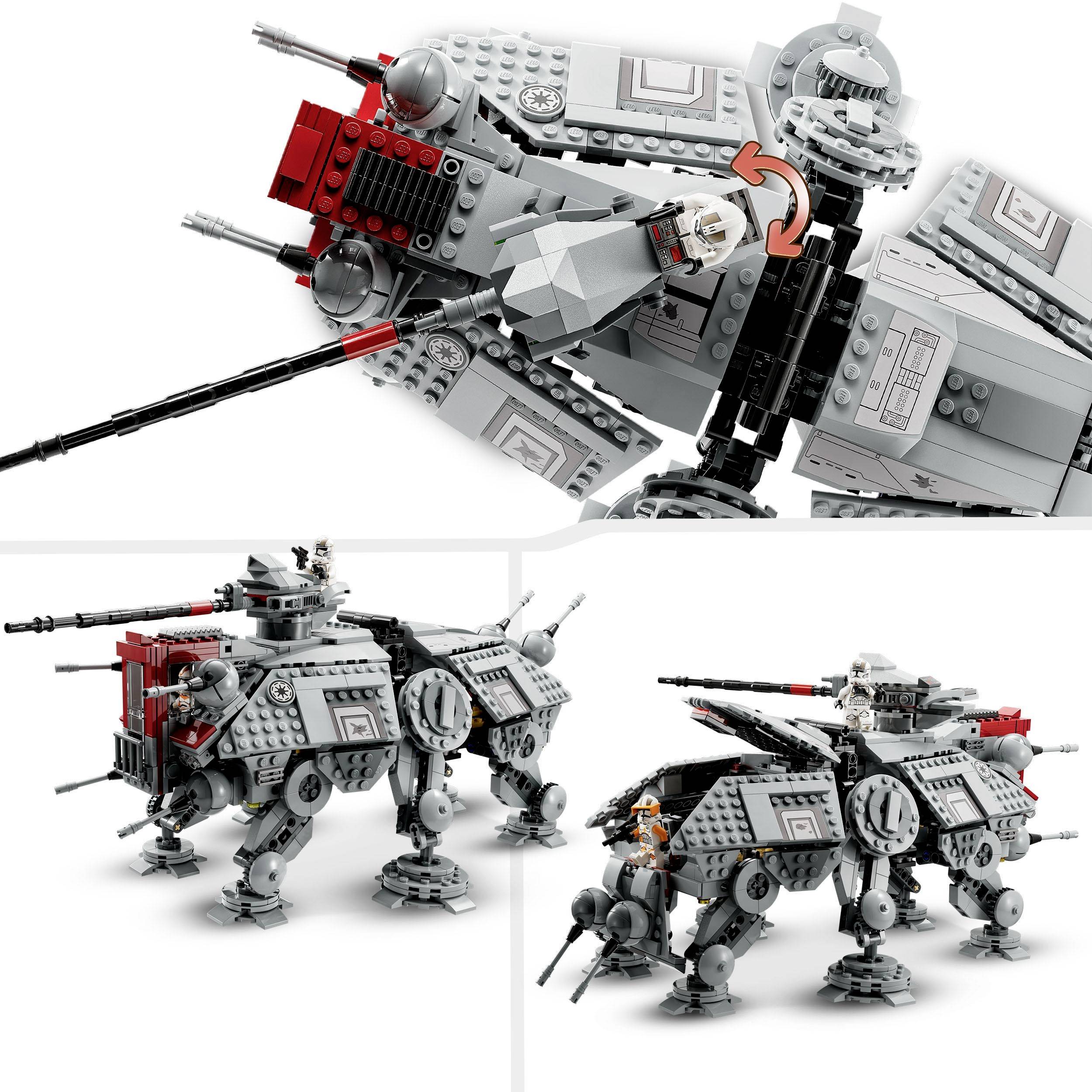 LEGO-modell av ett science fiction-rymdskepp och löpare. Detaljrik med röd-grå element och figurer.