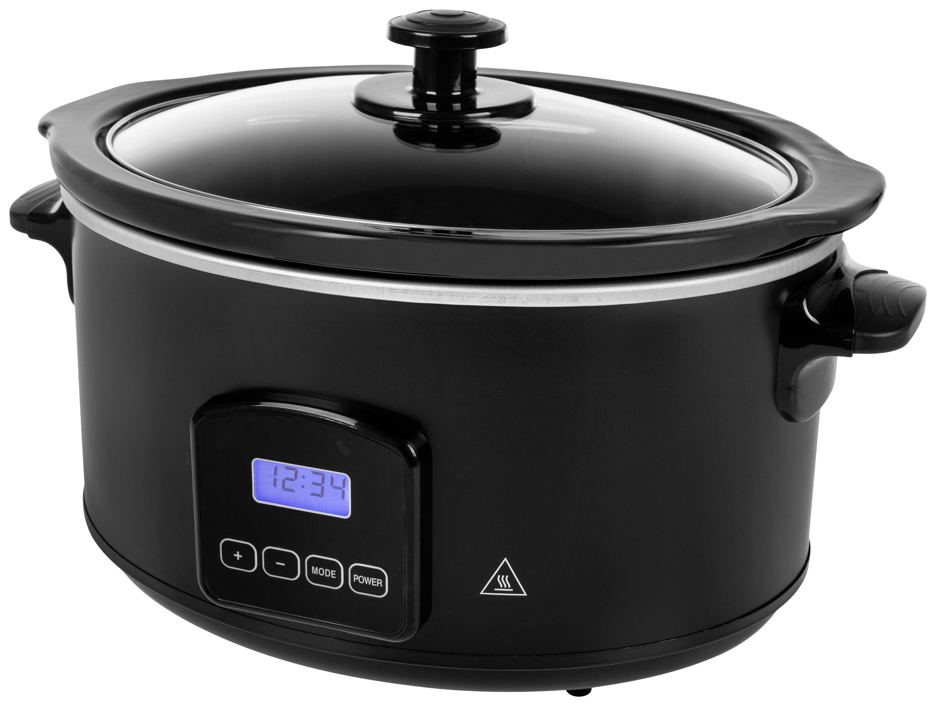 Elektrisk slow cooker med digital tidsdisplay och kontrollpanel. Perfekt för långsam tillagning av mat.