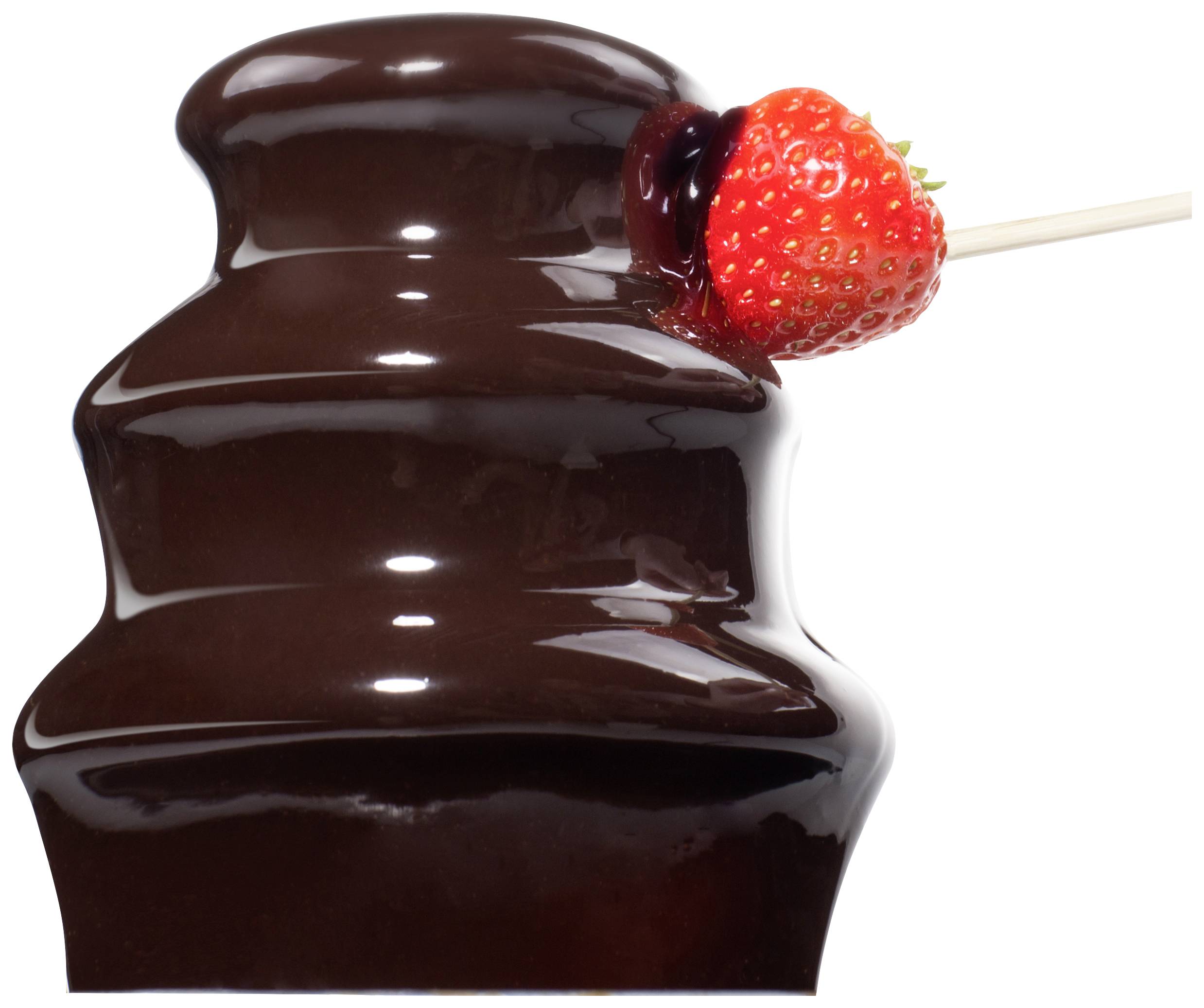 Chokladfontän med flytande choklad; ett jordgubbar på en spett dras genom chokladen.