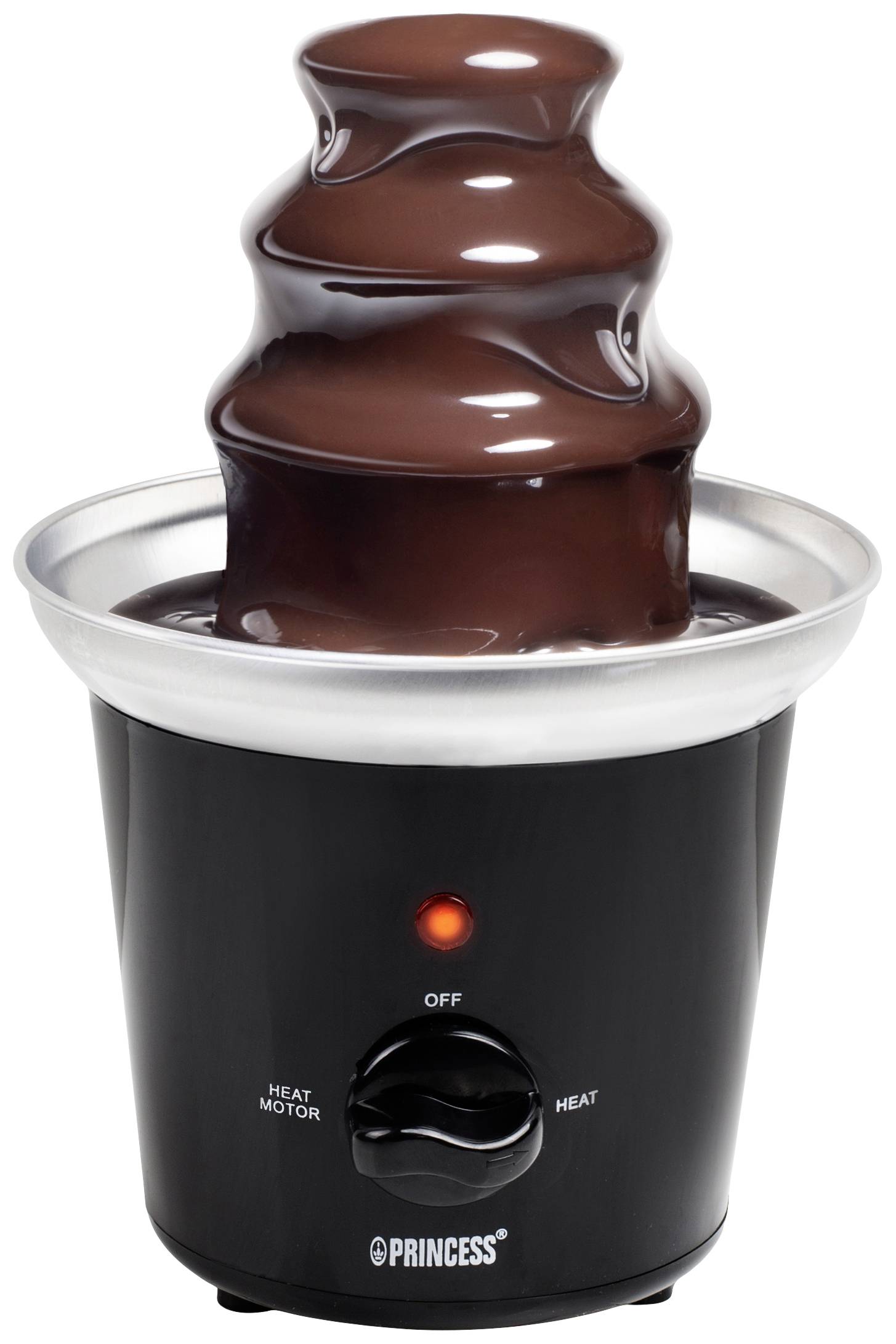 Chokladfontän med rinnande choklad på en svart sockel. Kontrollerna på sockeln visar alternativ för värme och motor.