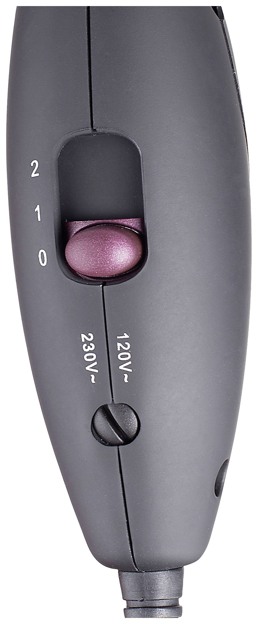 Bärbar elektrisk handmixer med hastighetskontroll och spänningsomkopplare för 120V eller 230V.