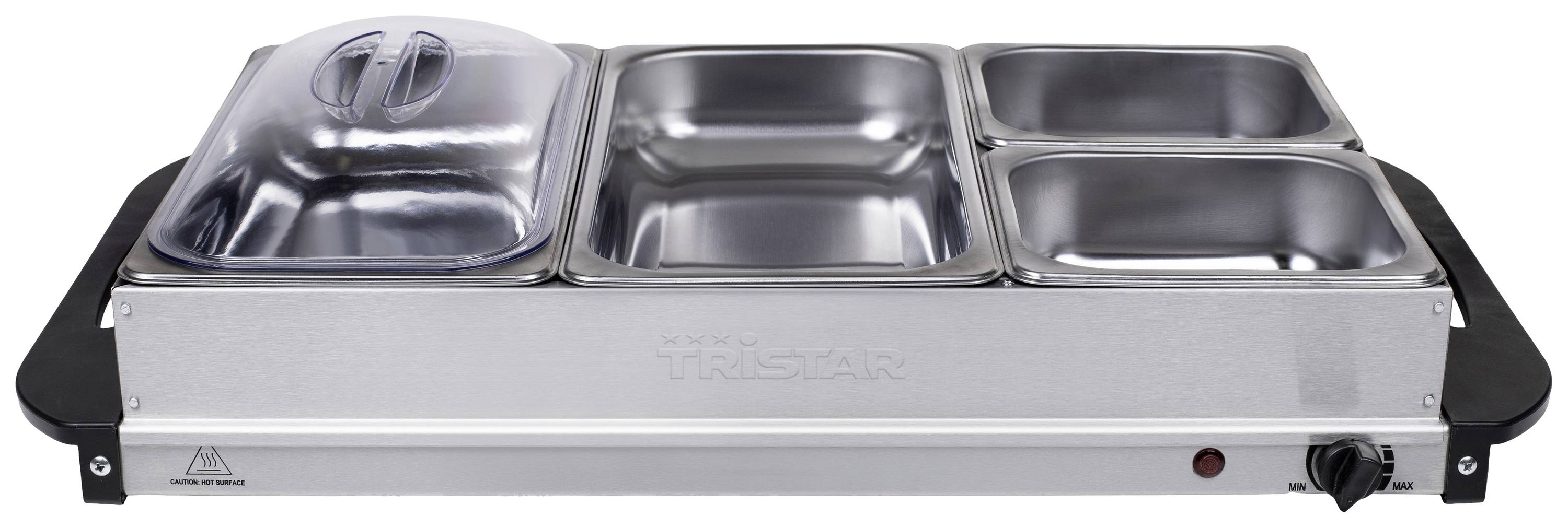 En buffévärmare med tre rostfria behållare, varav en med genomskinligt lock. Perfekt för att hålla olika rätter varma.