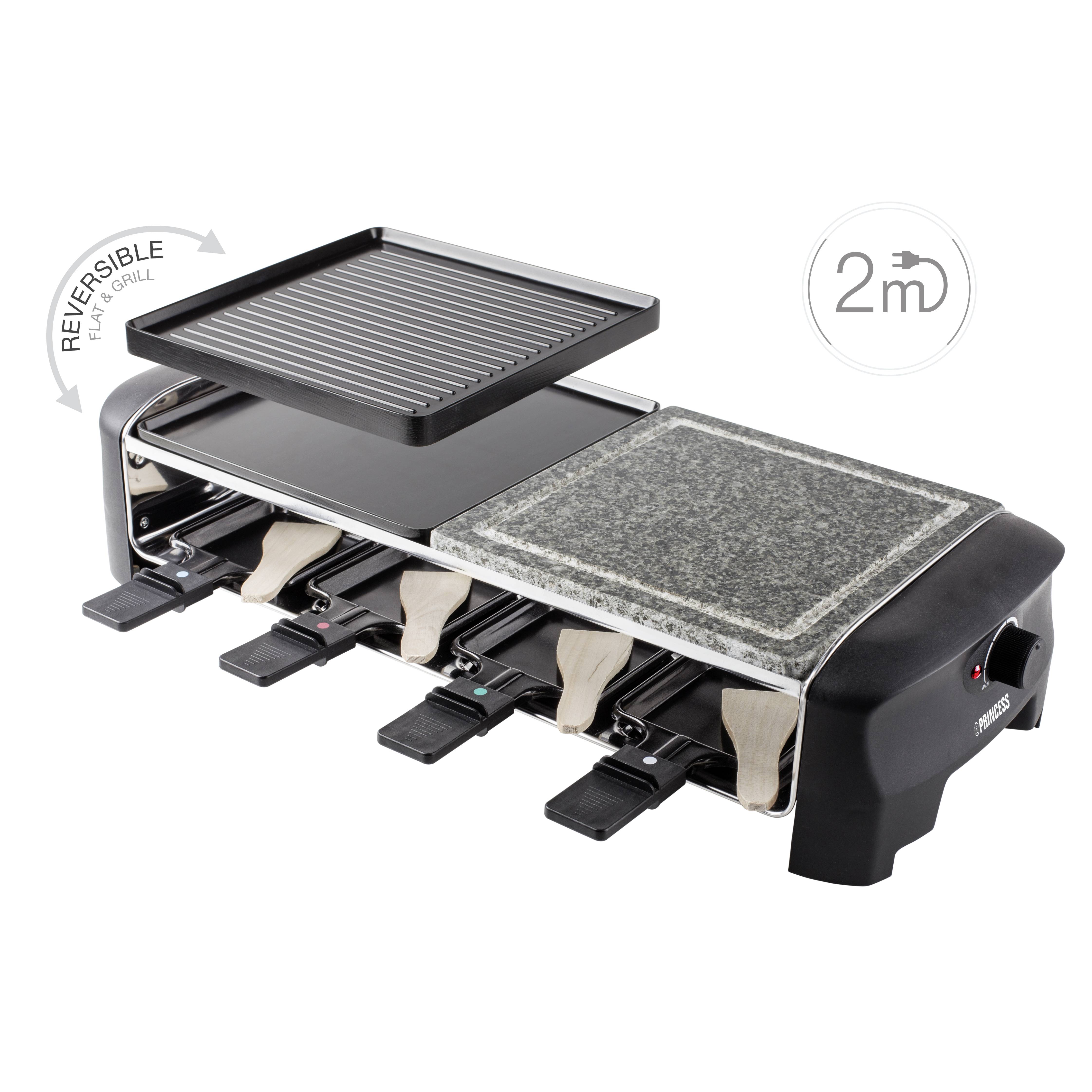 Raclette-grill med vändbar grillplatta och stenhäll, plats för åtta små stekpannor under, 2 m lång kabel, svart hölje.