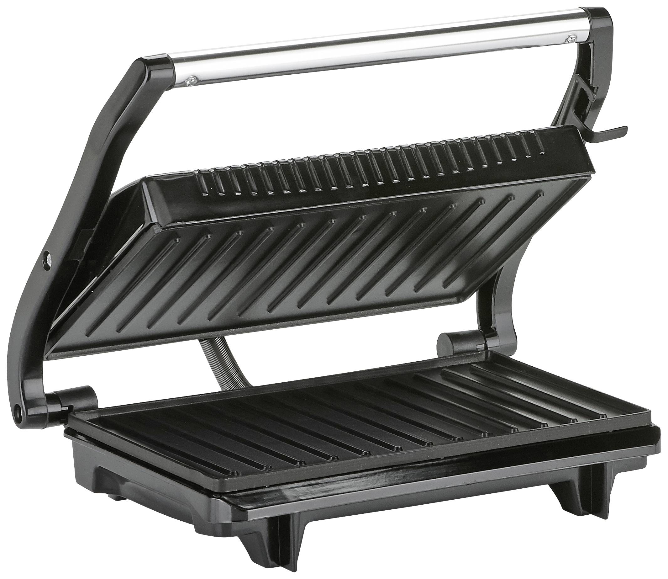 Öppen kontaktgrill med räfflad grillyta, lämplig för grillning av smörgåsar eller kött.