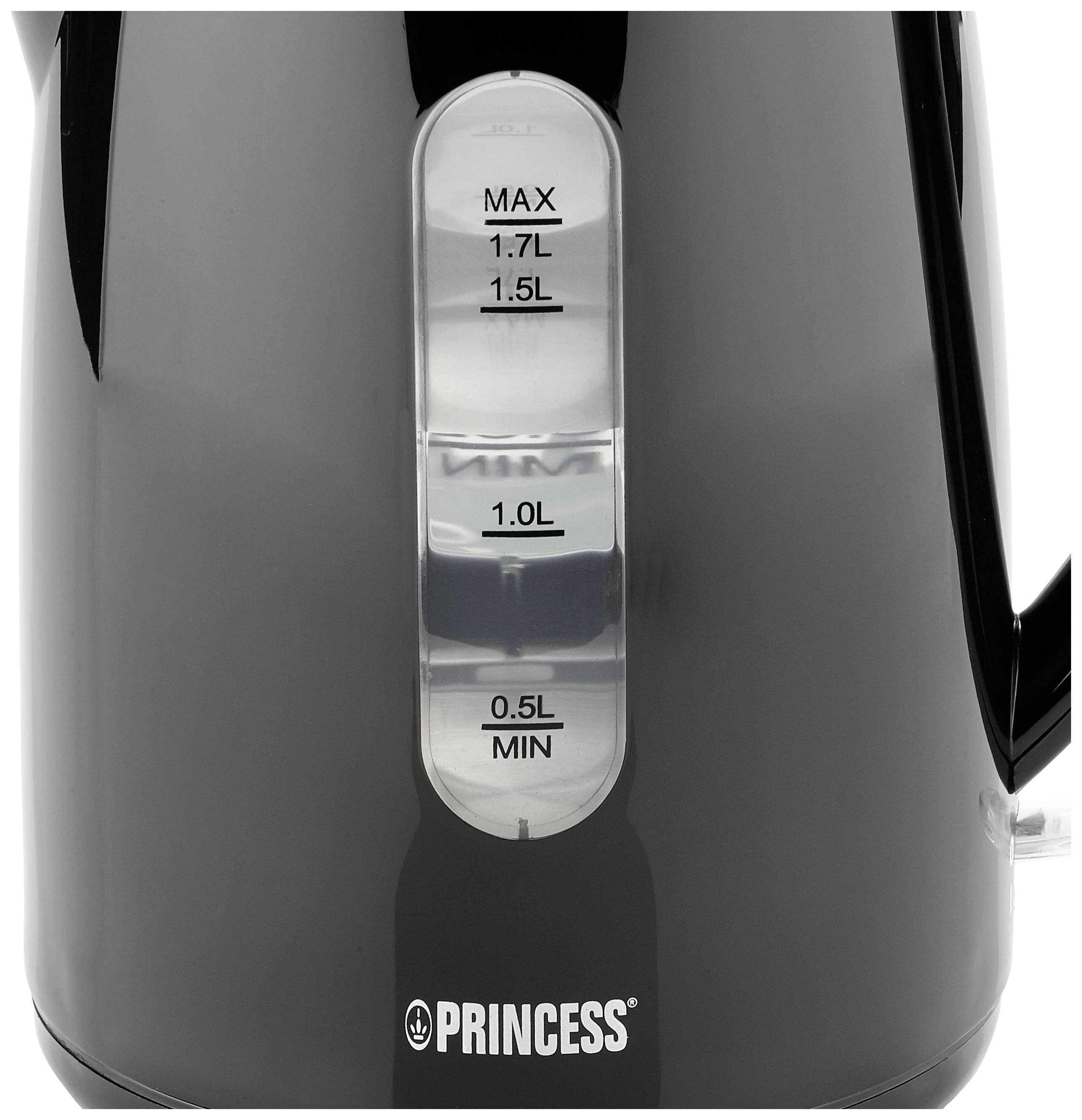 Svart vattenkokare med vätskenivåindikator, märkt med 'MIN', '0,5L', '1,0L', '1,5L' och 'MAX', med maximal kapacitet på 1,7 liter.