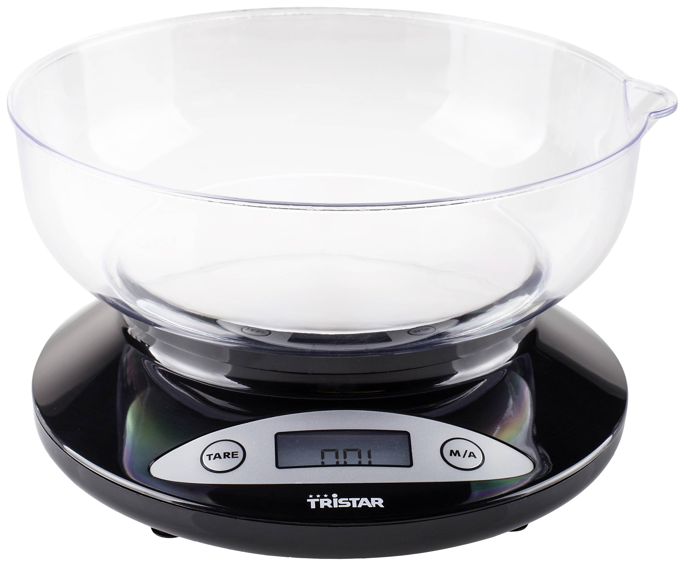 Elektronisk kökvåg med en transparent skål på en svart bas, visar '0.0' gram på displayen.