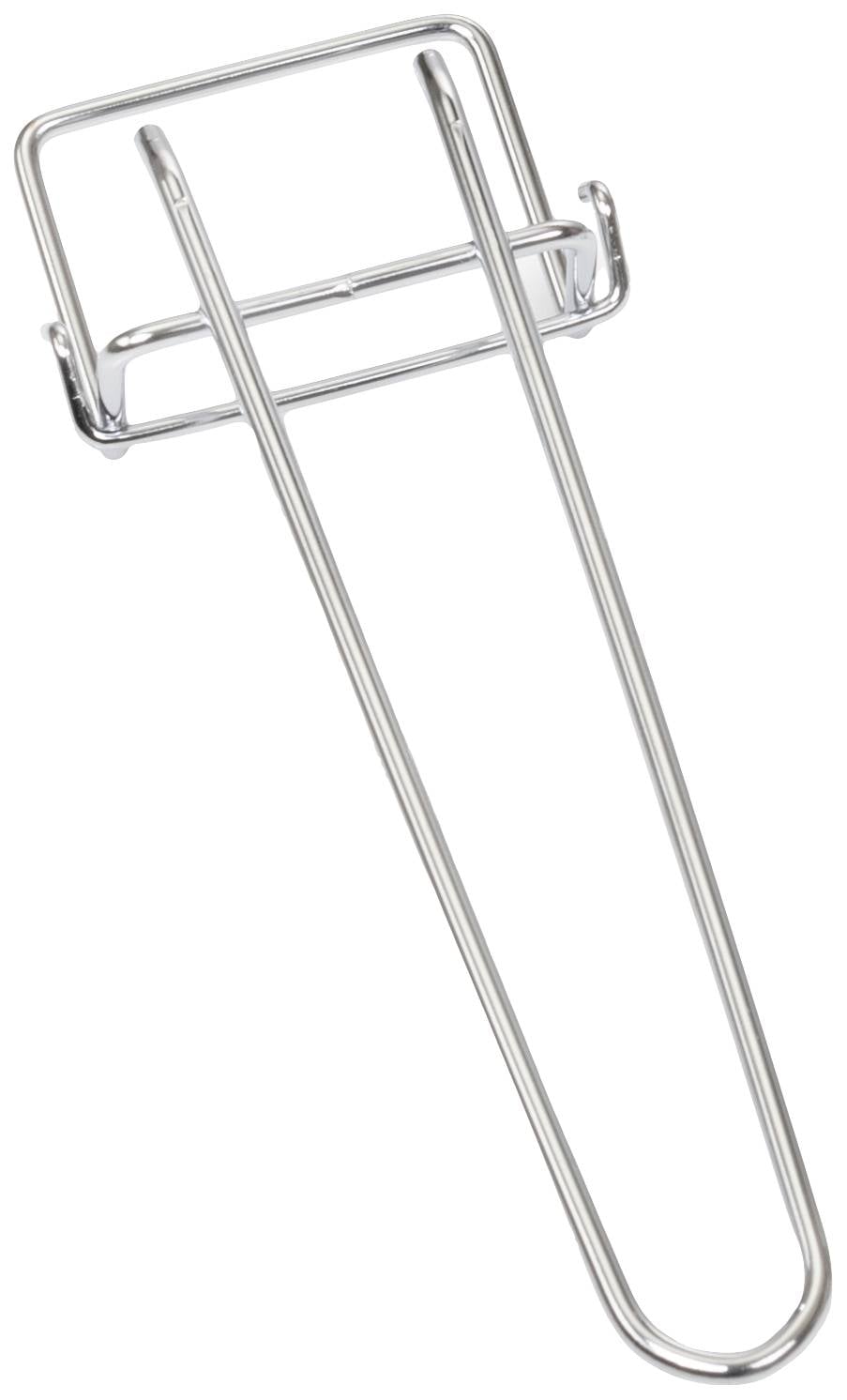 Ett silvermetalliskt U-format klädställ med krokar för upphängning.