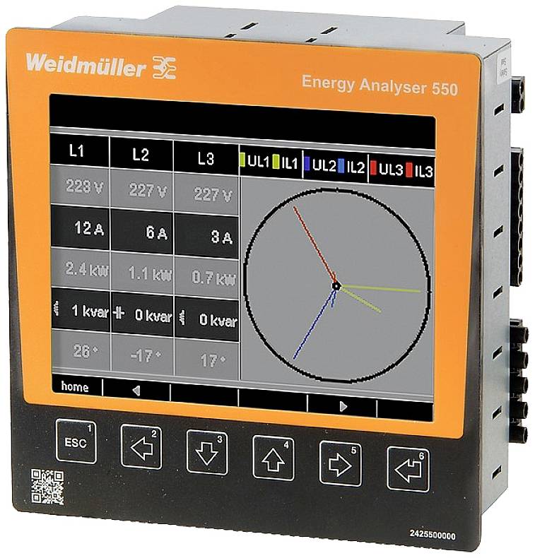 En energianalysator med digitalt display visar spänningar (V), strömmar (A) och fasvinkel. Tre faser presenteras grafiskt.