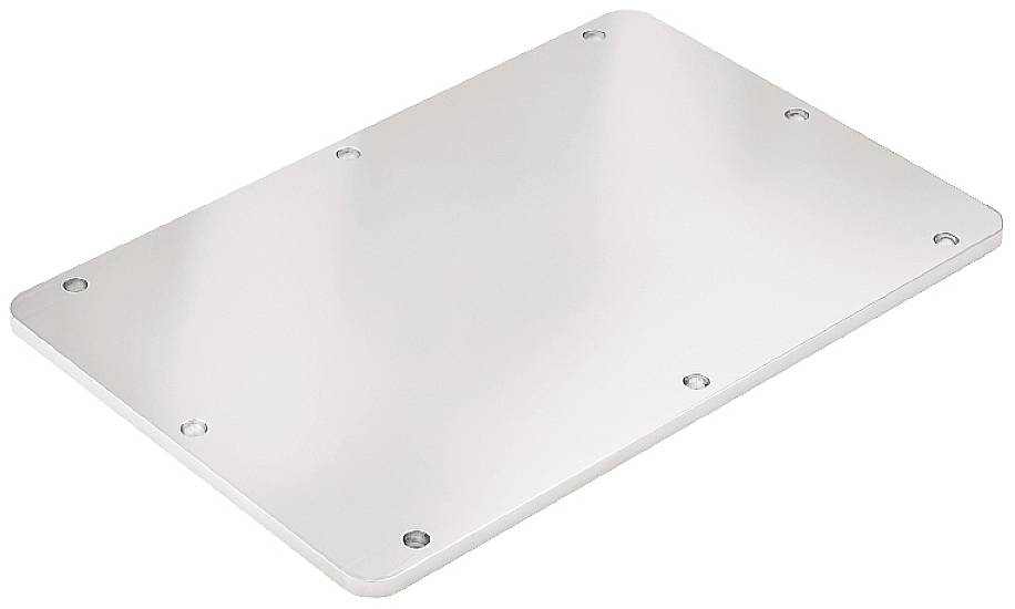 En rektangulär, silverfärgad metallplåt med avrundade hörn och åtta hål längs kanterna, lämplig för monteringsändamål.