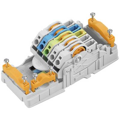 En grå elektrisk kontakt med skruvmekanism och flera anslutningsklämmor i olika färger.