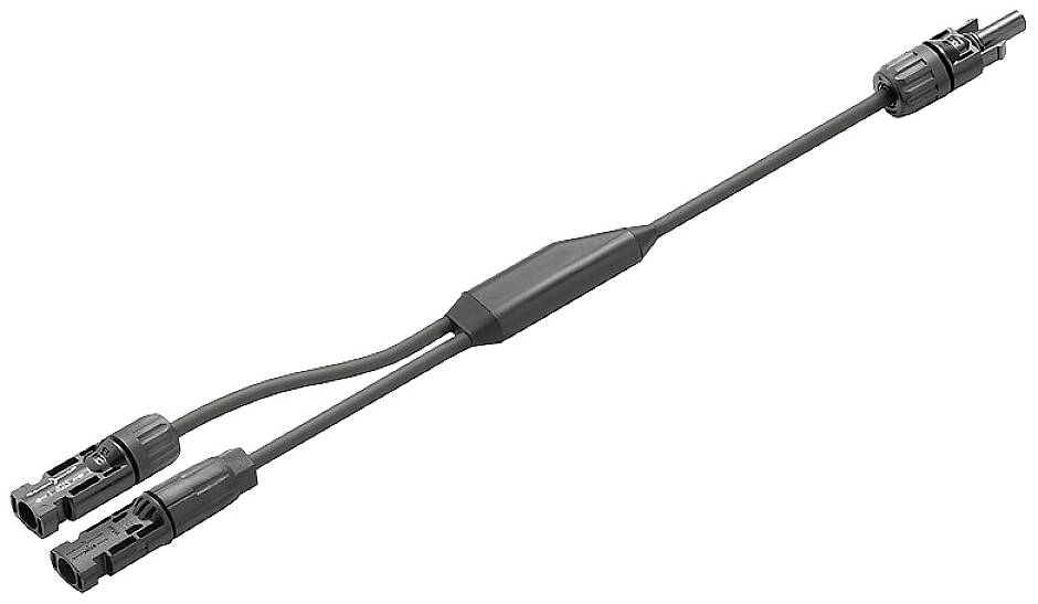 Y-kabeladapter med en hane- och två honkontakter, ofta använd för solpaneler för säker elektrisk anslutning.